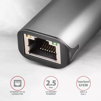 2.5 Gigabit Ethernet adapter AXAGON ADE-25R — USB Type-C, 10/100/1000/2500 Mbit, 5000 Mbit/s, aliuminis, pilka