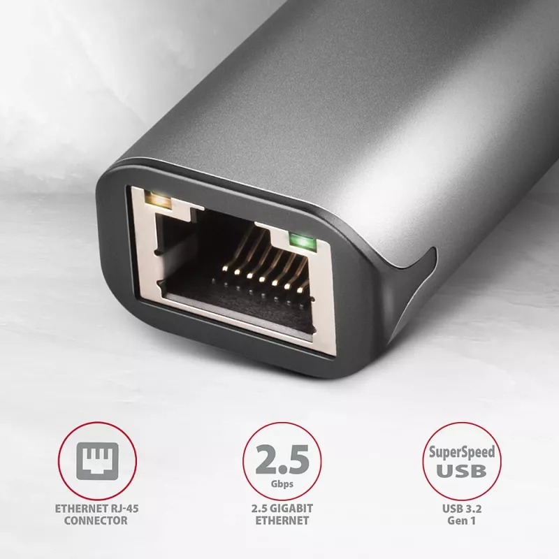 2.5 Gigabit Ethernet adapter AXAGON ADE-25R — USB Type-C, 10/100/1000/2500 Mbit, 5000 Mbit/s, aliuminis, pilka