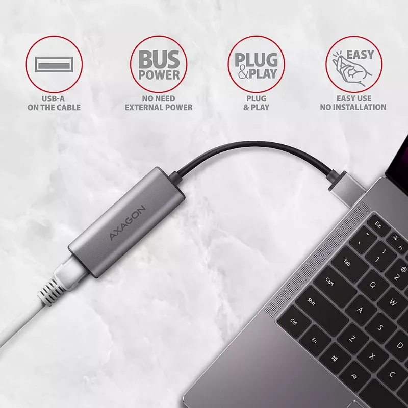 2.5 Gigabit Ethernet adapter AXAGON ADE-25R — USB Type-C, 10/100/1000/2500 Mbit, 5000 Mbit/s, aliuminis, pilka