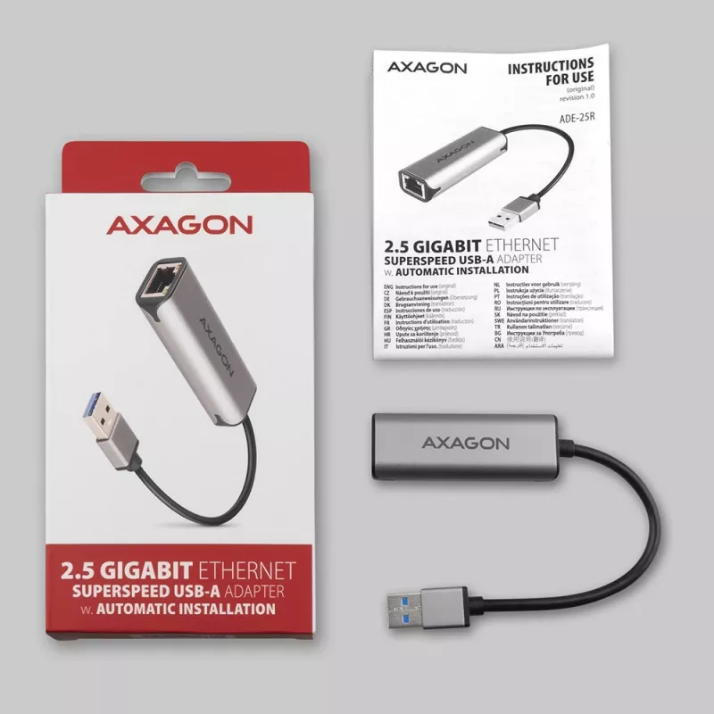 2.5 Gigabit Ethernet adapter AXAGON ADE-25R — USB Type-C, 10/100/1000/2500 Mbit, 5000 Mbit/s, aliuminis, pilka