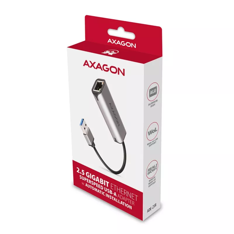 2.5 Gigabit Ethernet adapter AXAGON ADE-25R — USB Type-C, 10/100/1000/2500 Mbit, 5000 Mbit/s, aliuminis, pilka