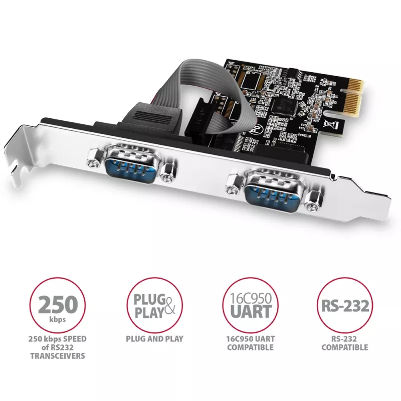 “Axagon PCEA-S2N” PCIe adapteris – 2 nuoseklieji prievadai, 250 kbps, su SP ir LP