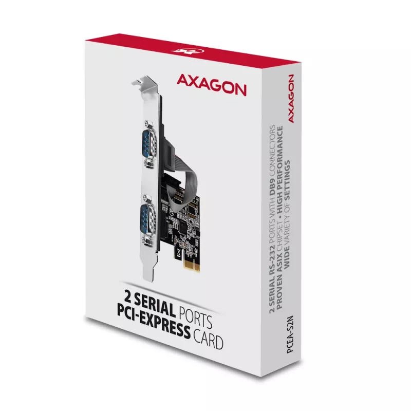 “Axagon PCEA-S2N” PCIe adapteris – 2 nuoseklieji prievadai, 250 kbps, su SP ir LP