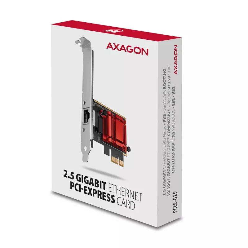 „Axagon PCEE-G25 PCIe – 2.5 Gigabit Ethernet adapteris Realtek 8125, PXE, su SP ir LP“