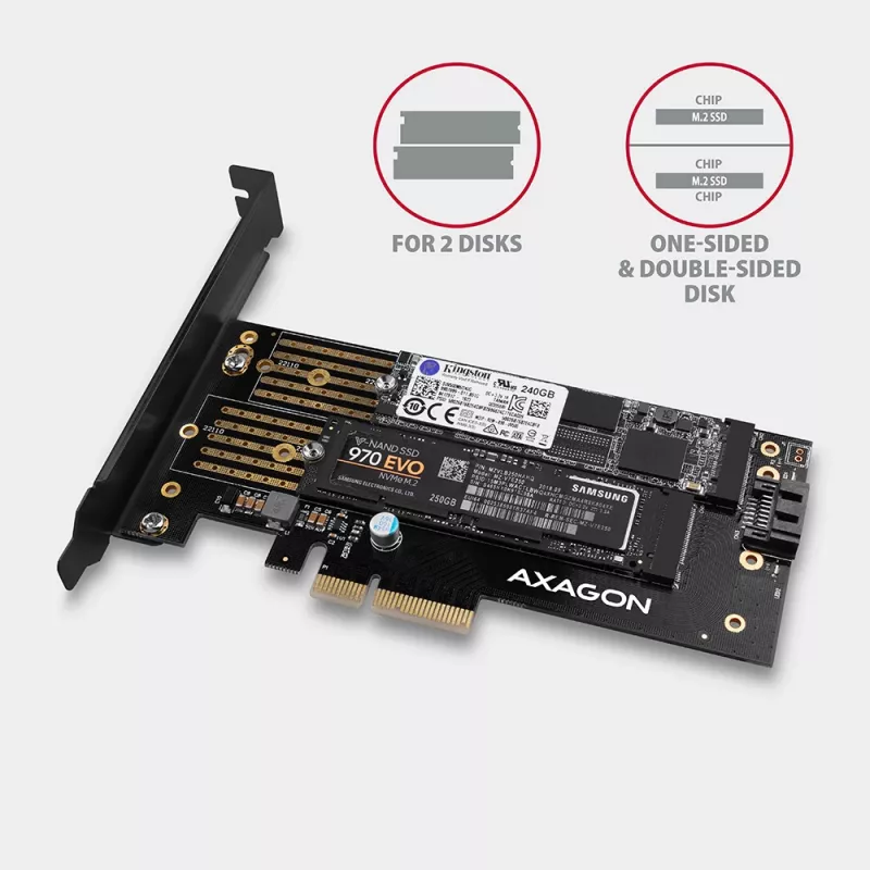 Axagon PCEM2-D PCIe x4 - M.2 NVMe M-rakto + SATA B-rakto lizdo adapteris su SP ir LP