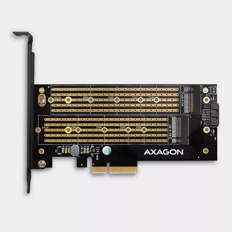 Axagon PCEM2-D PCIe x4 - M.2 NVMe M-rakto + SATA B-rakto lizdo adapteris su SP ir LP