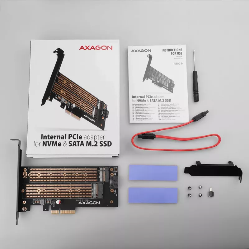 Axagon PCEM2-D PCIe x4 - M.2 NVMe M-rakto + SATA B-rakto lizdo adapteris su SP ir LP