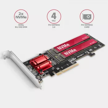 „Axagon PCEM2-ND“ PCIe x8 – dviejų M.2 NVMe M rakto lizdų adapteris, RAID, duomenų jungiklis, su standartine ir žemo profilio kronšteinais