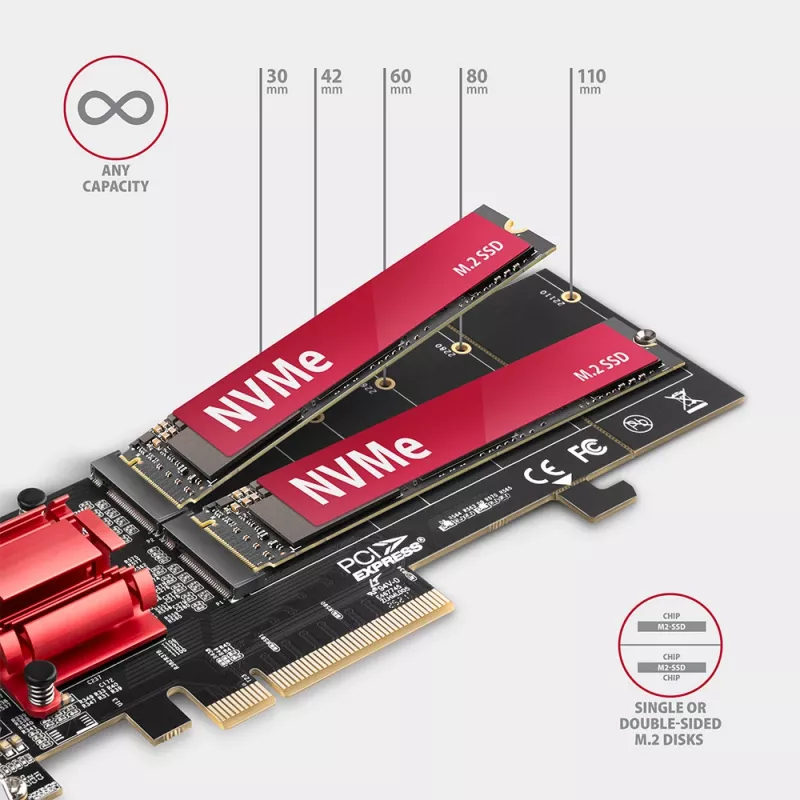 „Axagon PCEM2-ND“ PCIe x8 – dviejų M.2 NVMe M rakto lizdų adapteris, RAID, duomenų jungiklis, su standartine ir žemo profilio kronšteinais