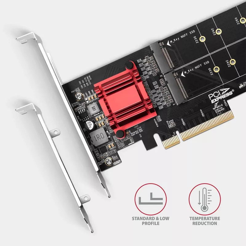 „Axagon PCEM2-ND“ PCIe x8 – dviejų M.2 NVMe M rakto lizdų adapteris, RAID, duomenų jungiklis, su standartine ir žemo profilio kronšteinais