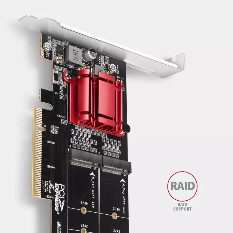 „Axagon PCEM2-ND“ PCIe x8 – dviejų M.2 NVMe M rakto lizdų adapteris, RAID, duomenų jungiklis, su standartine ir žemo profilio kronšteinais