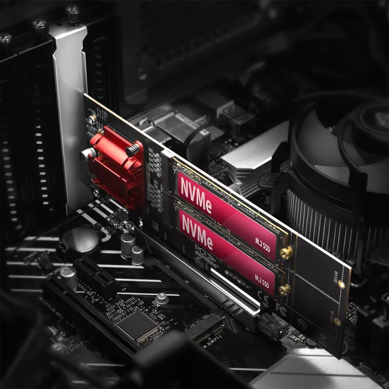 „Axagon PCEM2-ND“ PCIe x8 – dviejų M.2 NVMe M rakto lizdų adapteris, RAID, duomenų jungiklis, su standartine ir žemo profilio kronšteinais