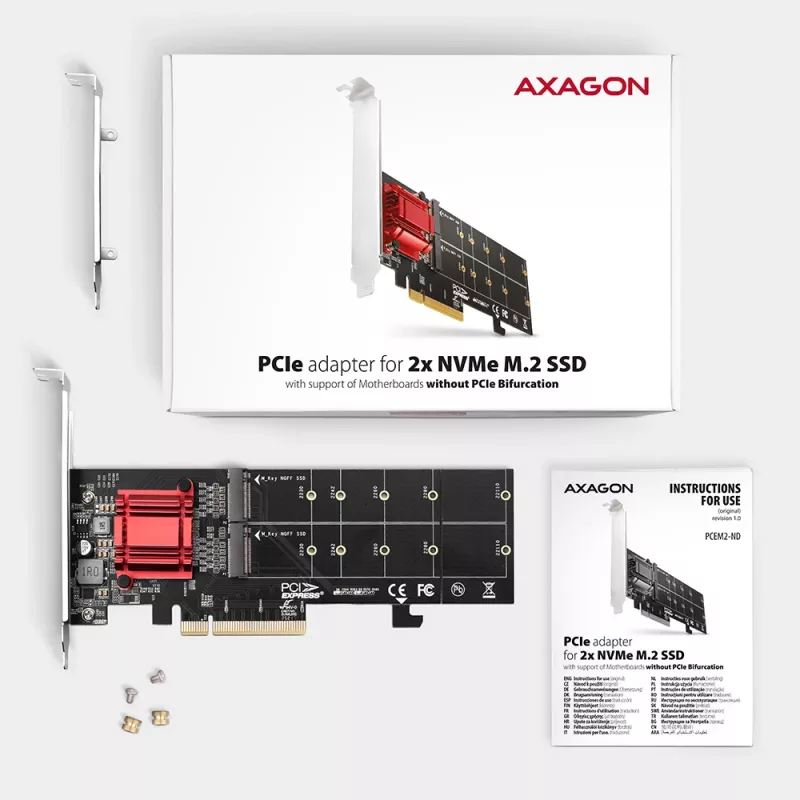 „Axagon PCEM2-ND“ PCIe x8 – dviejų M.2 NVMe M rakto lizdų adapteris, RAID, duomenų jungiklis, su standartine ir žemo profilio kronšteinais