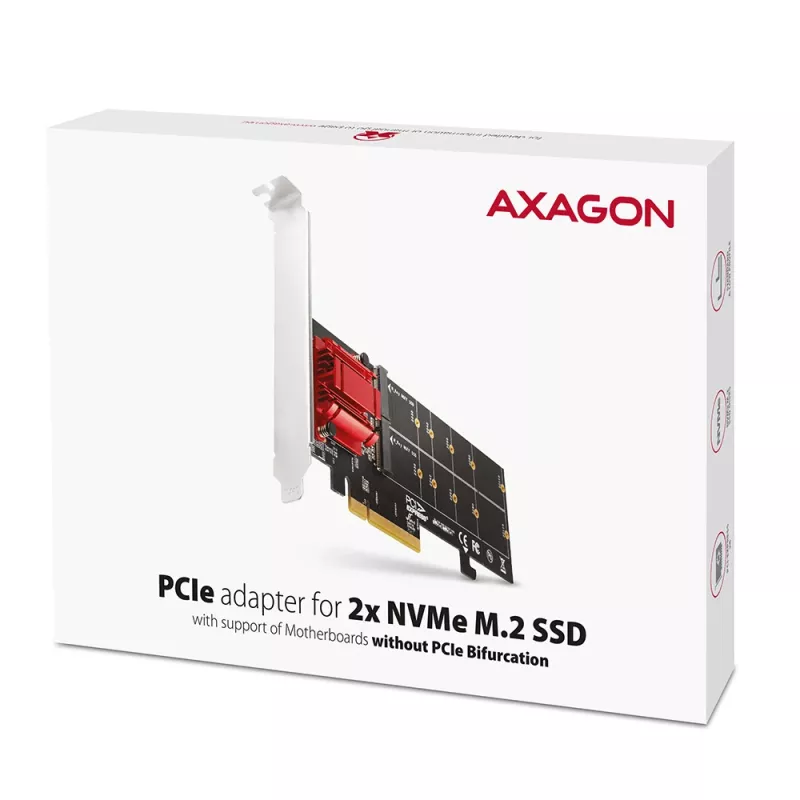 „Axagon PCEM2-ND“ PCIe x8 – dviejų M.2 NVMe M rakto lizdų adapteris, RAID, duomenų jungiklis, su standartine ir žemo profilio kronšteinais