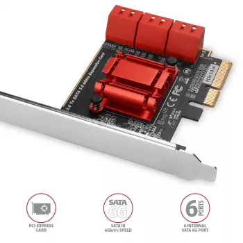 AXAGON PCES-SA6 sąsajos kortelė – PCIe į SATA (ASM1166), 6 Gbit/s, pilno aukščio / žemo profilio, vidinė