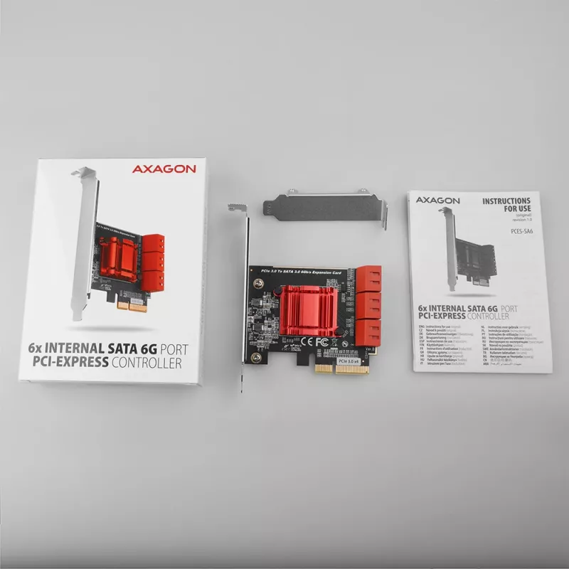 AXAGON PCES-SA6 sąsajos kortelė – PCIe į SATA (ASM1166), 6 Gbit/s, pilno aukščio / žemo profilio, vidinė
