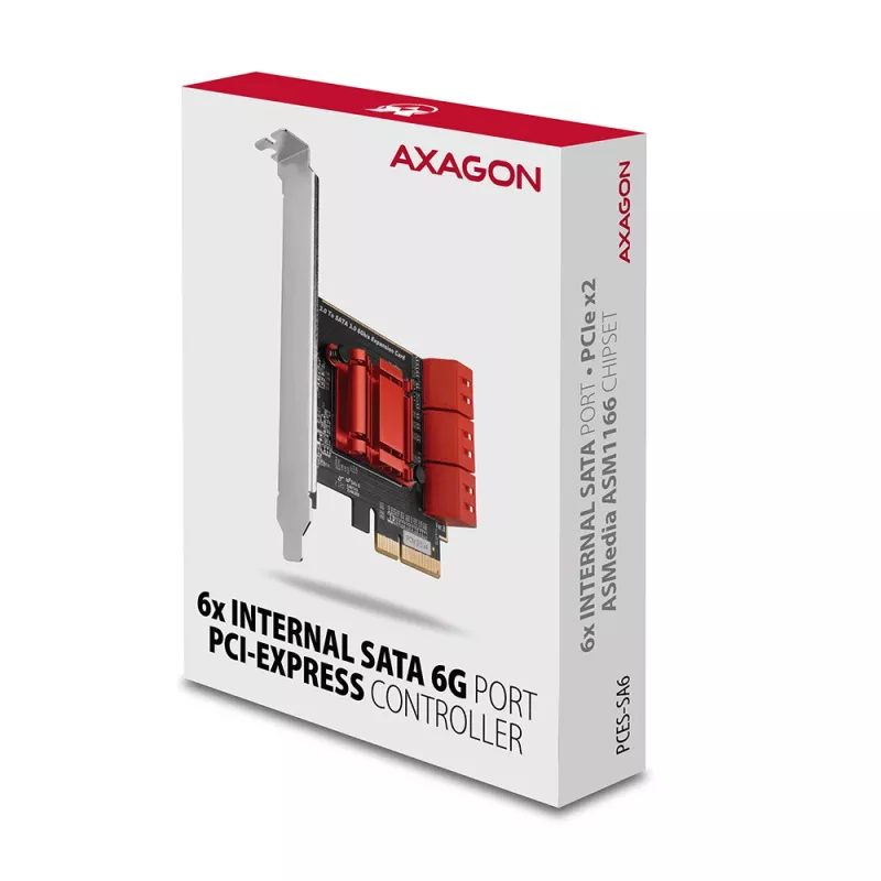AXAGON PCES-SA6 sąsajos kortelė – PCIe į SATA (ASM1166), 6 Gbit/s, pilno aukščio / žemo profilio, vidinė