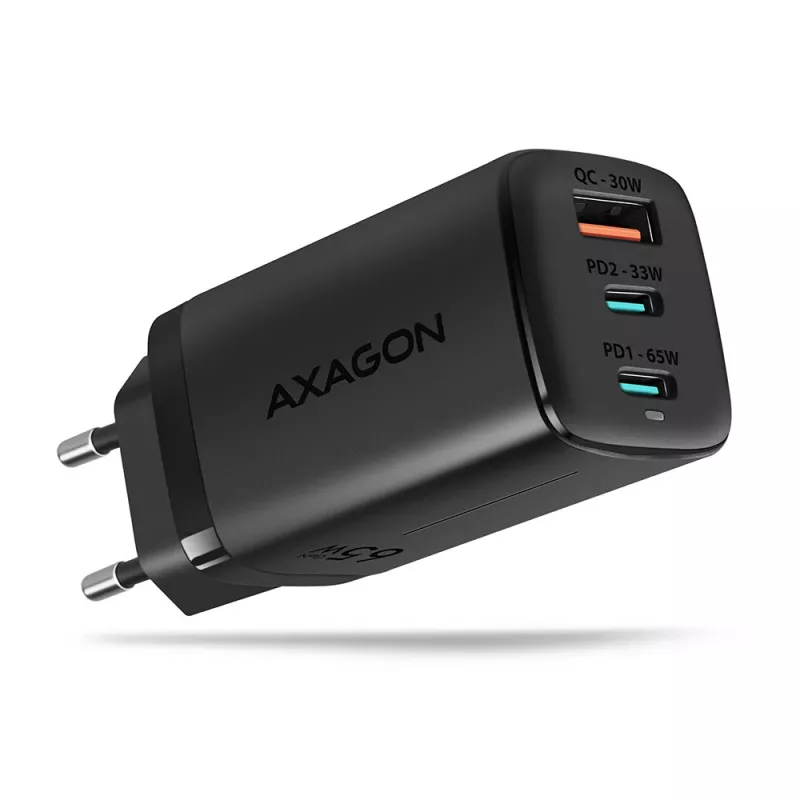 Axagon ACU-DPQ65 GaN sieninis įkroviklis 65W, 3x prievadas (USB-A + dvigubas USB-C), PD3.0/QC4+/PPS/Apple