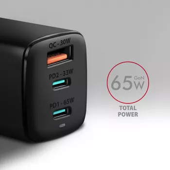 Axagon ACU-DPQ65 GaN sieninis įkroviklis 65W, 3x prievadas (USB-A + dvigubas USB-C), PD3.0/QC4+/PPS/Apple