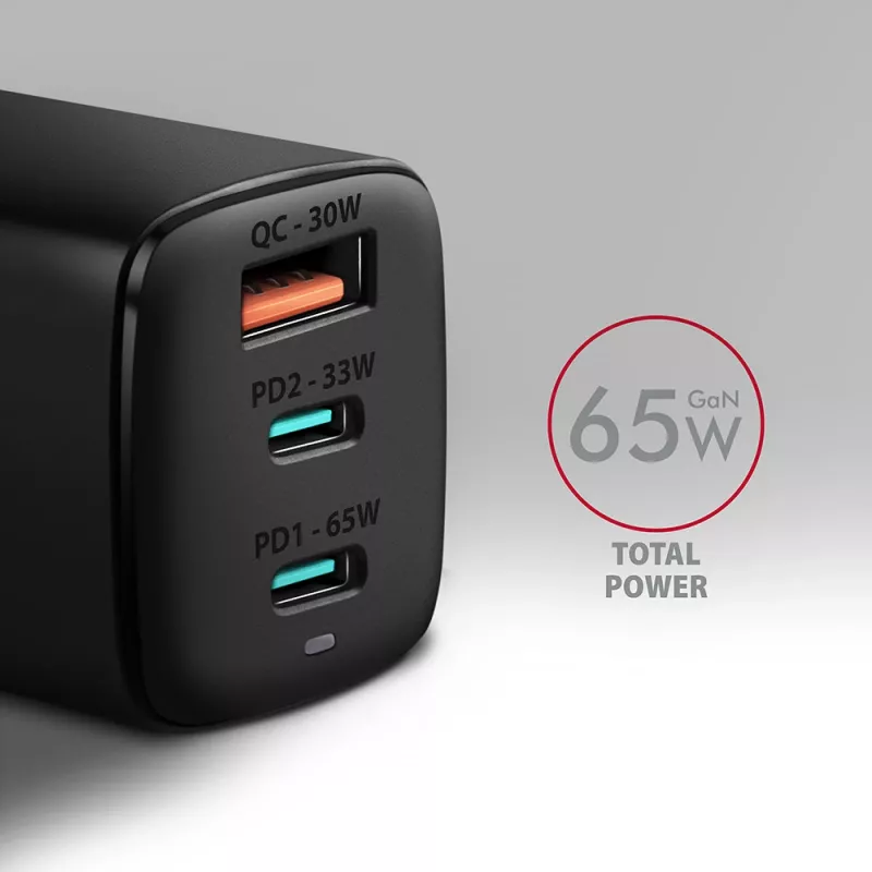 Axagon ACU-DPQ65 GaN sieninis įkroviklis 65W, 3x prievadas (USB-A + dvigubas USB-C), PD3.0/QC4+/PPS/Apple