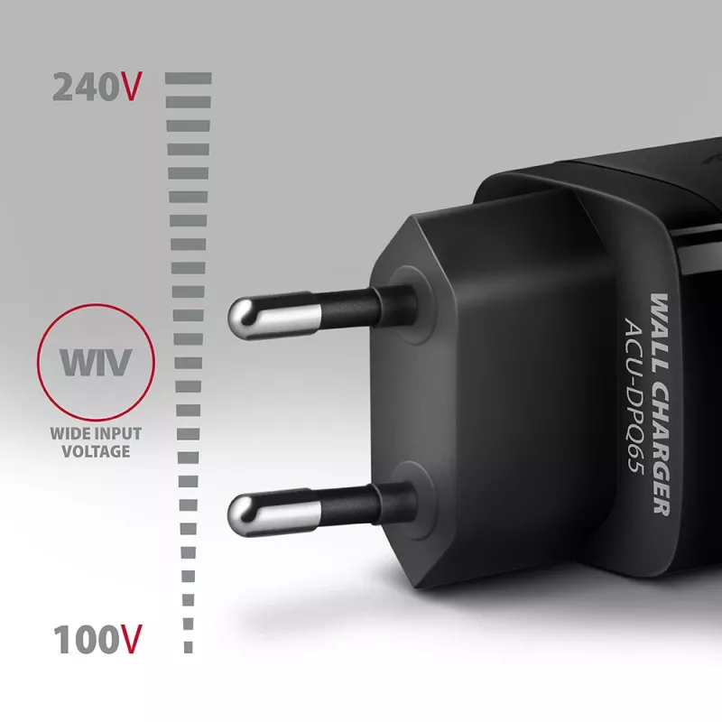 Axagon ACU-DPQ65 GaN sieninis įkroviklis 65W, 3x prievadas (USB-A + dvigubas USB-C), PD3.0/QC4+/PPS/Apple