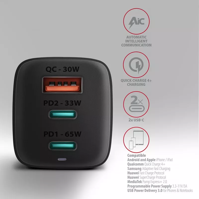 Axagon ACU-DPQ65 GaN sieninis įkroviklis 65W, 3x prievadas (USB-A + dvigubas USB-C), PD3.0/QC4+/PPS/Apple