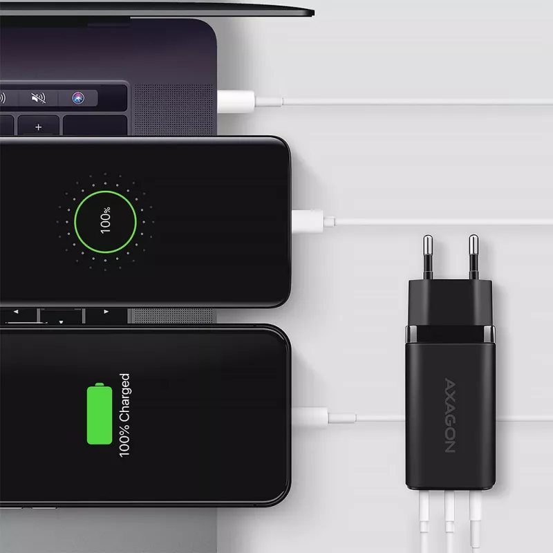 Axagon ACU-DPQ65 GaN sieninis įkroviklis 65W, 3x prievadas (USB-A + dvigubas USB-C), PD3.0/QC4+/PPS/Apple