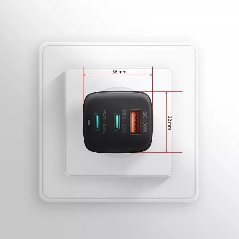 Axagon ACU-DPQ65 GaN sieninis įkroviklis 65W, 3x prievadas (USB-A + dvigubas USB-C), PD3.0/QC4+/PPS/Apple