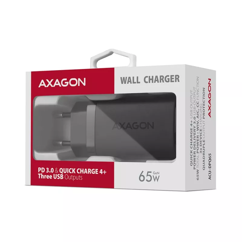 Axagon ACU-DPQ65 GaN sieninis įkroviklis 65W, 3x prievadas (USB-A + dvigubas USB-C), PD3.0/QC4+/PPS/Apple