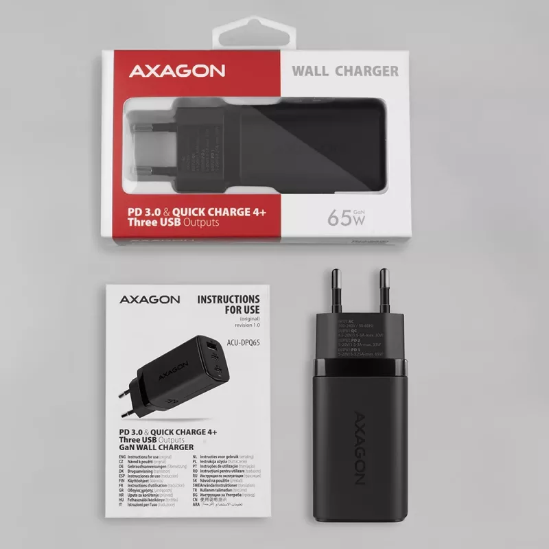 Axagon ACU-DPQ65 GaN sieninis įkroviklis 65W, 3x prievadas (USB-A + dvigubas USB-C), PD3.0/QC4+/PPS/Apple