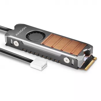 Axagon CLR-M2FAN varinis radiatorius su ventiliatoriumi, skirtas vienpusiams ir dvipusiams M.2 SSD diskams, 2280 dydžio, 13 mm aukščio.