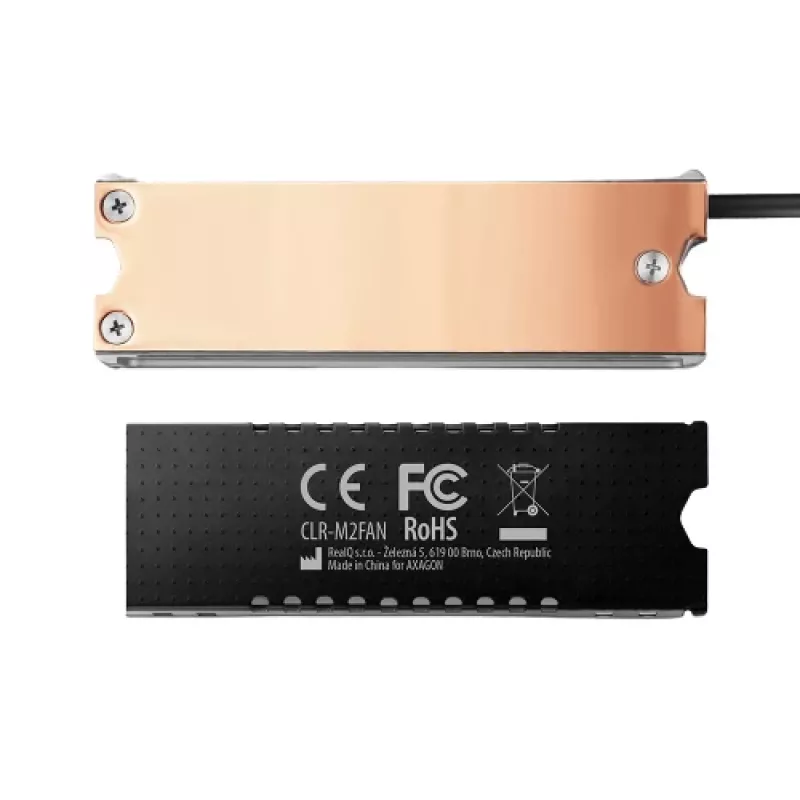 Axagon CLR-M2FAN varinis radiatorius su ventiliatoriumi, skirtas vienpusiams ir dvipusiams M.2 SSD diskams, 2280 dydžio, 13 mm aukščio.