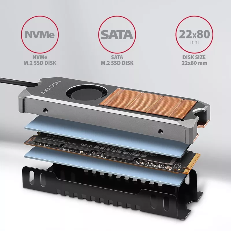 Axagon CLR-M2FAN varinis radiatorius su ventiliatoriumi, skirtas vienpusiams ir dvipusiams M.2 SSD diskams, 2280 dydžio, 13 mm aukščio.