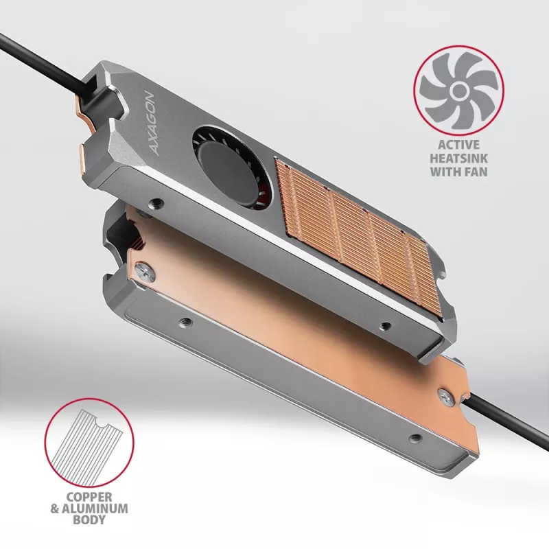 Axagon CLR-M2FAN varinis radiatorius su ventiliatoriumi, skirtas vienpusiams ir dvipusiams M.2 SSD diskams, 2280 dydžio, 13 mm aukščio.