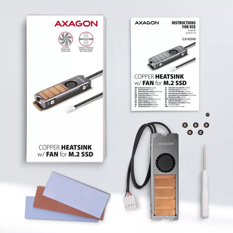 Axagon CLR-M2FAN varinis radiatorius su ventiliatoriumi, skirtas vienpusiams ir dvipusiams M.2 SSD diskams, 2280 dydžio, 13 mm aukščio.