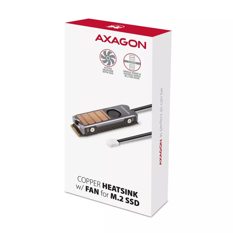 Axagon CLR-M2FAN varinis radiatorius su ventiliatoriumi, skirtas vienpusiams ir dvipusiams M.2 SSD diskams, 2280 dydžio, 13 mm aukščio.