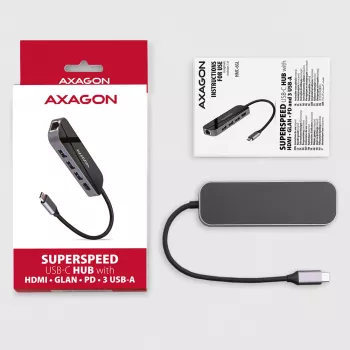 Axagon HMC-6GL USB 3.2 Gen 1 centrinė stotelė, 3x USB-A, HDMI 4k/30Hz, RJ-45, PD 100W, 20 cm USB-C laidas