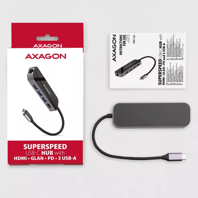 Axagon HMC-6GL USB 3.2 Gen 1 centrinė stotelė, 3x USB-A, HDMI 4k/30Hz, RJ-45, PD 100W, 20 cm USB-C laidas