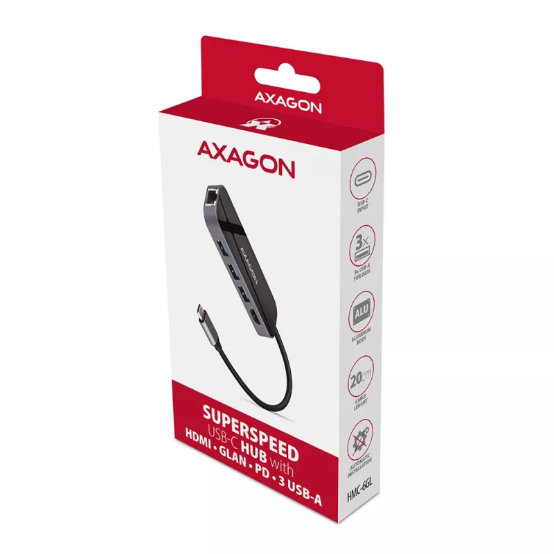 Axagon HMC-6GL USB 3.2 Gen 1 centrinė stotelė, 3x USB-A, HDMI 4k/30Hz, RJ-45, PD 100W, 20 cm USB-C laidas