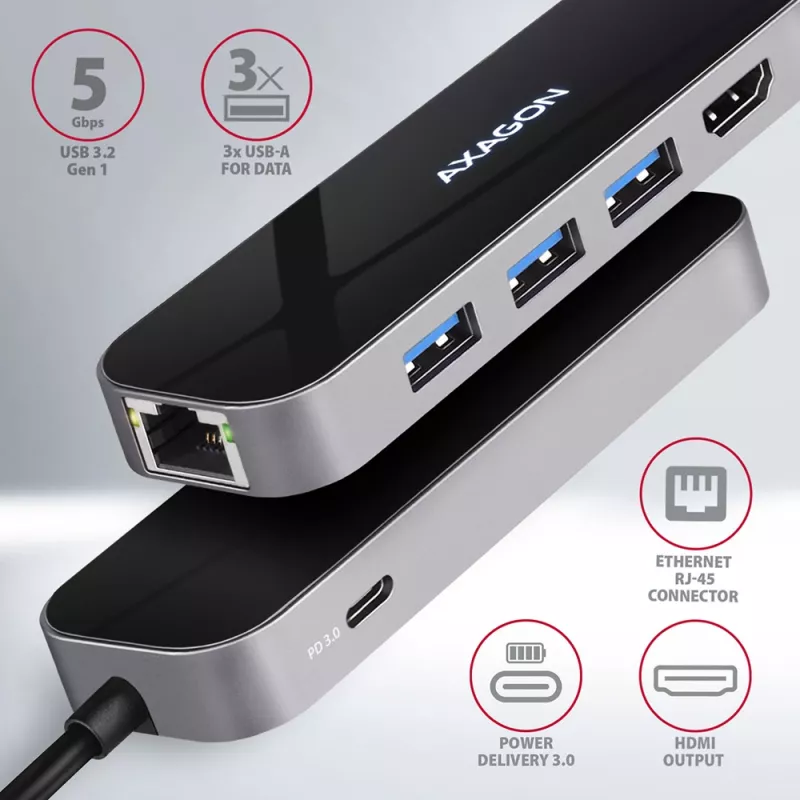 Axagon HMC-6GL USB 3.2 Gen 1 centrinė stotelė, 3x USB-A, HDMI 4k/30Hz, RJ-45, PD 100W, 20 cm USB-C laidas
