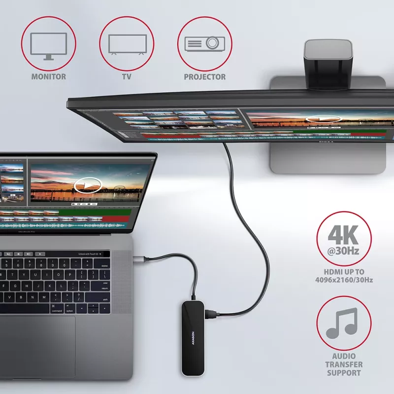 Axagon HMC-6GL USB 3.2 Gen 1 centrinė stotelė, 3x USB-A, HDMI 4k/30Hz, RJ-45, PD 100W, 20 cm USB-C laidas