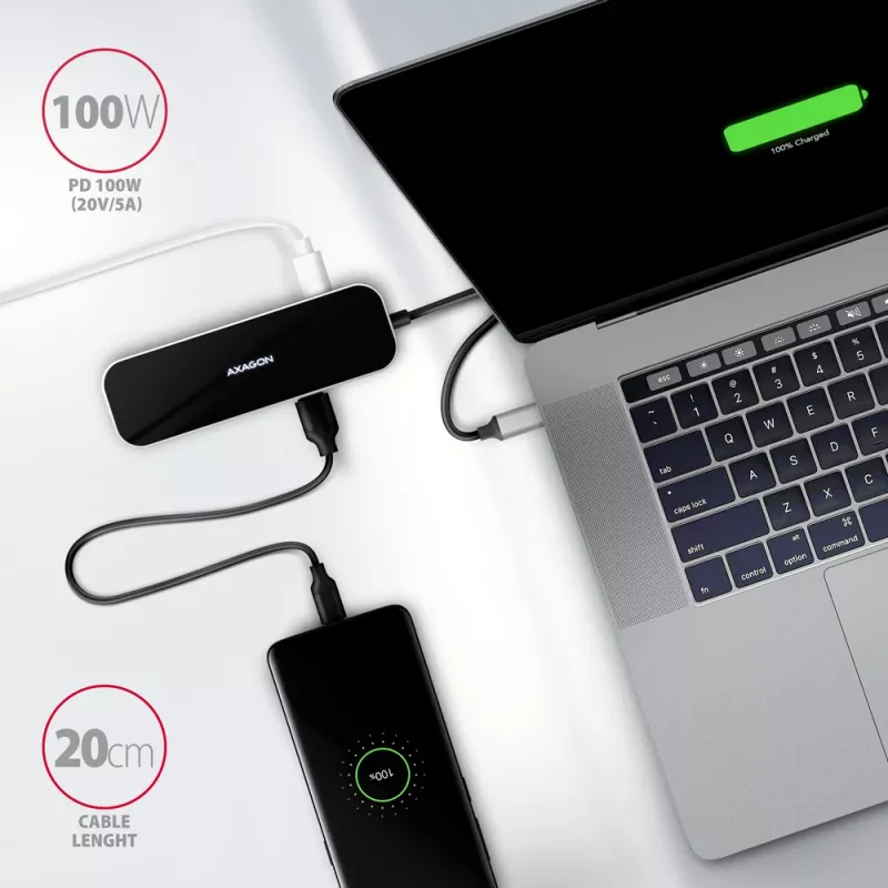 Axagon HMC-6GL USB 3.2 Gen 1 centrinė stotelė, 3x USB-A, HDMI 4k/30Hz, RJ-45, PD 100W, 20 cm USB-C laidas