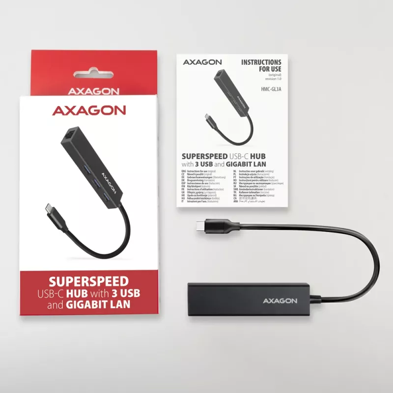 USB-C šakotuvas Axagon HMC-GL3A 3x USB-A Gbit-LAN juodas