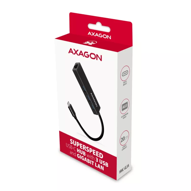 USB-C šakotuvas Axagon HMC-GL3A 3x USB-A Gbit-LAN juodas