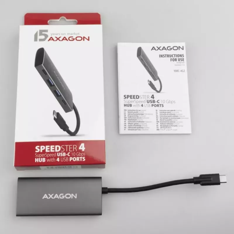 AXAGON HMC-4G2, USB-C 3.2 Gen 2 10 Gb/s šakotuvas, 2x USB-A + 2x USB-C prievadai, USB-C kabelis 13 cm