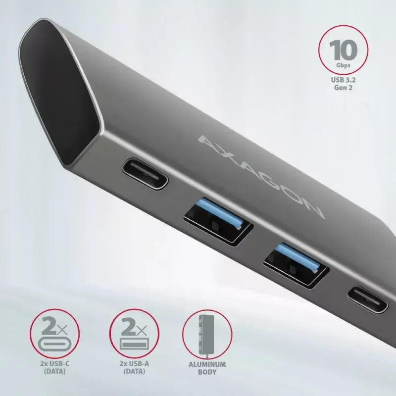 AXAGON HMC-4G2, USB-C 3.2 Gen 2 10 Gb/s šakotuvas, 2x USB-A + 2x USB-C prievadai, USB-C kabelis 13 cm