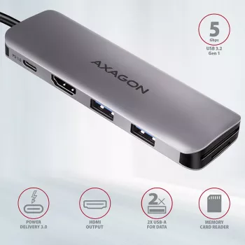 Axagon HMC-5 USB 3.2 Gen 1 hub, 2x USB-A, HDMI, SD/microSD, PD 100W, 20cm USB-C laidas