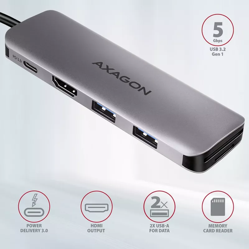 Axagon HMC-5 USB 3.2 Gen 1 hub, 2x USB-A, HDMI, SD/microSD, PD 100W, 20cm USB-C laidas