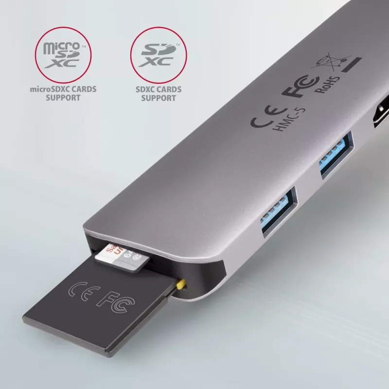 Axagon HMC-5 USB 3.2 Gen 1 hub, 2x USB-A, HDMI, SD/microSD, PD 100W, 20cm USB-C laidas