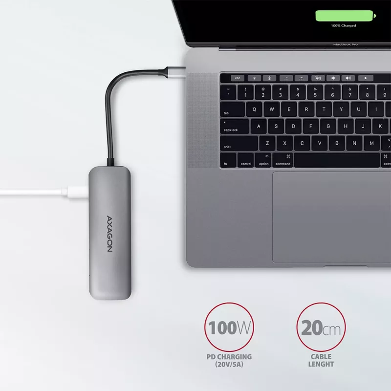 Axagon HMC-5 USB 3.2 Gen 1 hub, 2x USB-A, HDMI, SD/microSD, PD 100W, 20cm USB-C laidas
